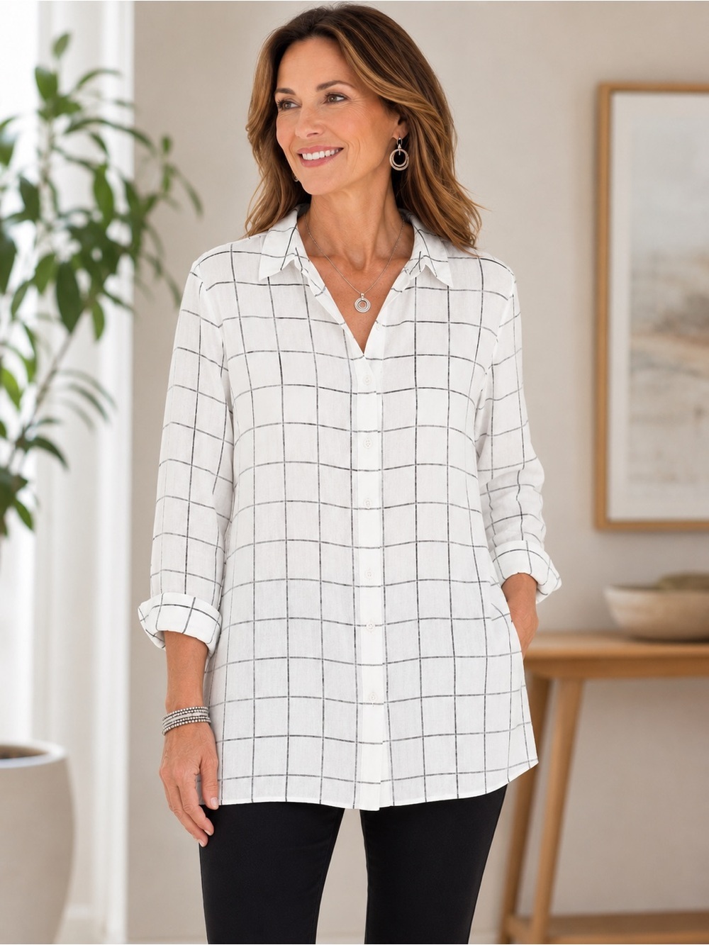 NWT CHICO’S Plaid Button Front Shirt Tunic Black Silver Size 2 Large
